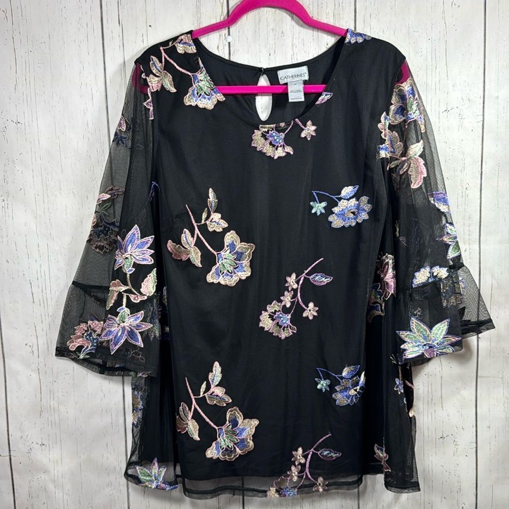 Catherines Black Floral Embroidered Mesh Blouse Womens 4X Elegant Boho Romantic